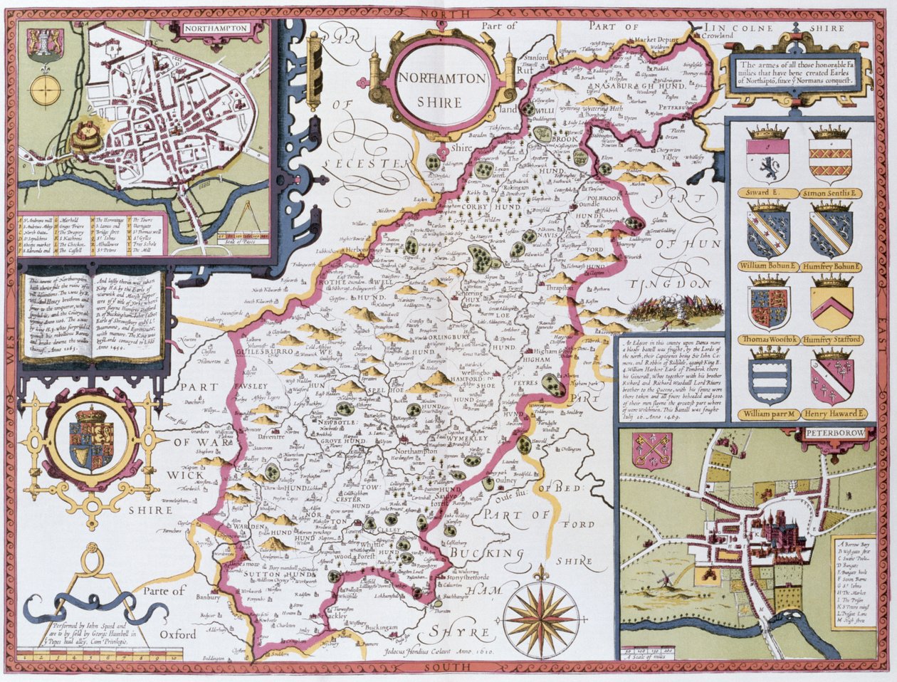 Northamptonshire, gegraveerd door Jodocus Hondius uit John Speed