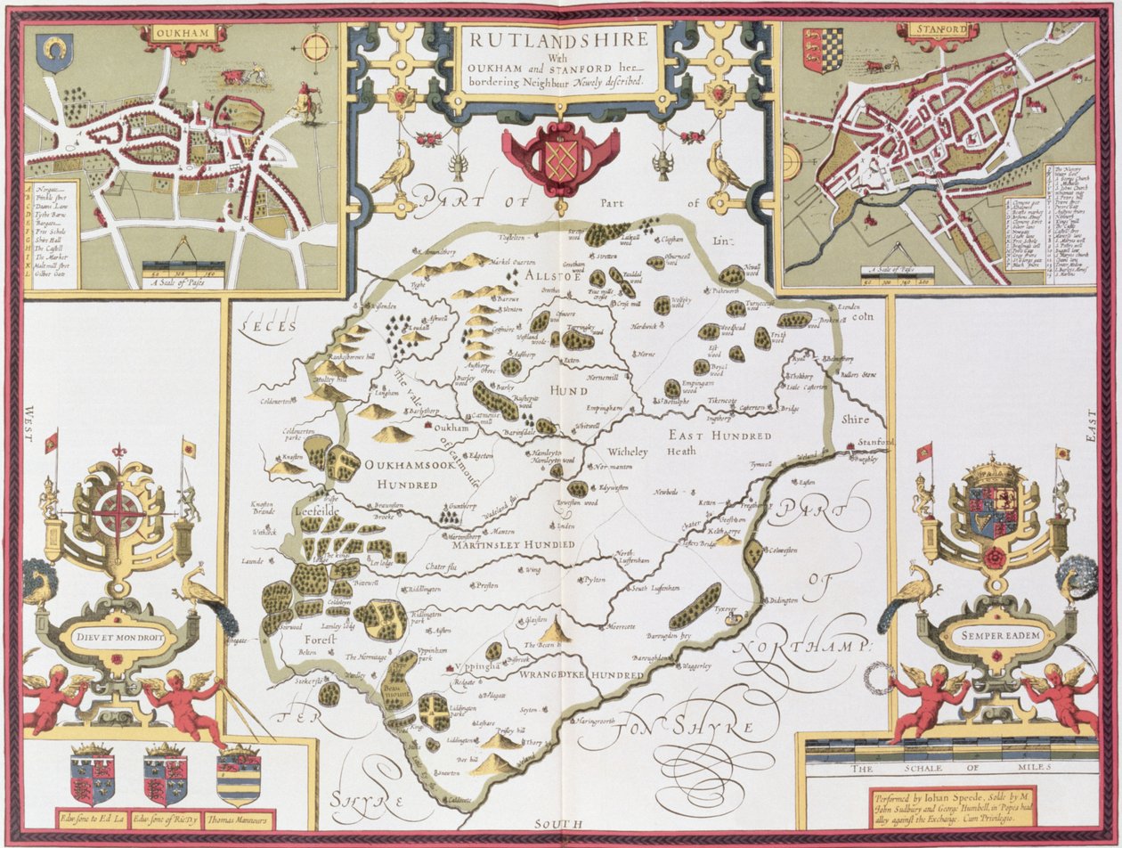 Rutlandshire met Oukham en Stanford, gegraveerd door Jodocus Hondius (1563-1612) uit John Speed