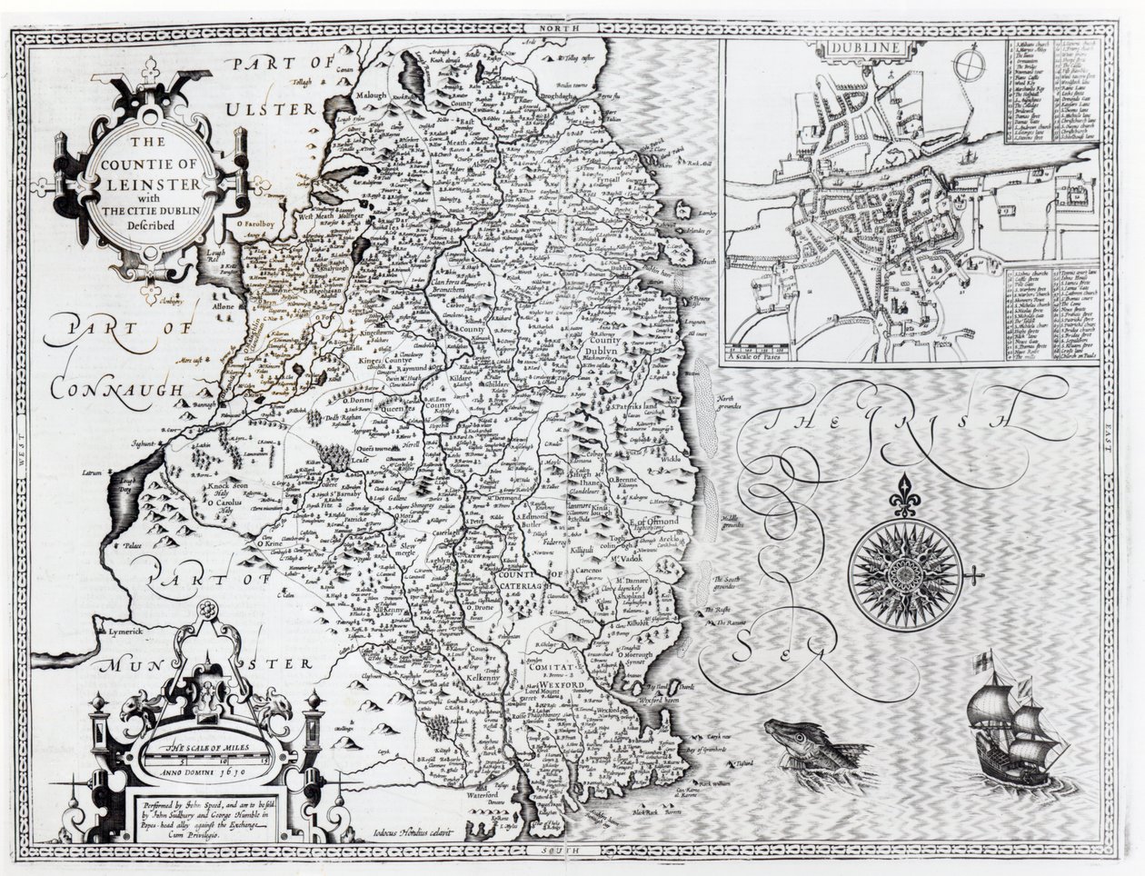 Het graafschap Leinster met de stad Dublin beschreven, gegraveerd door Jodocus Hondius, uit 