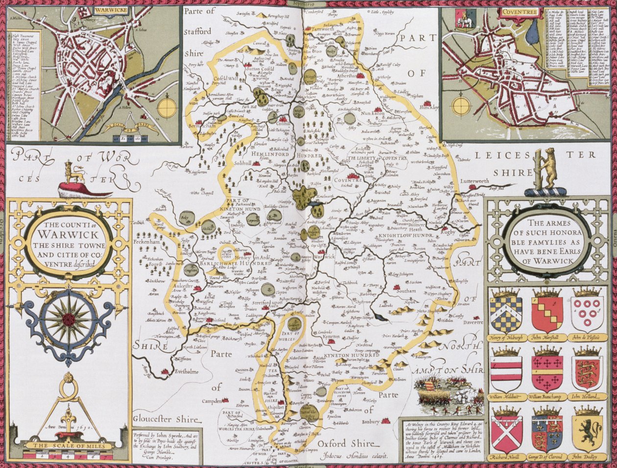 Het graafschap Warwick, de Shire Town en de stad Coventry, gegraveerd door Jodocus Hondius uit John Speed