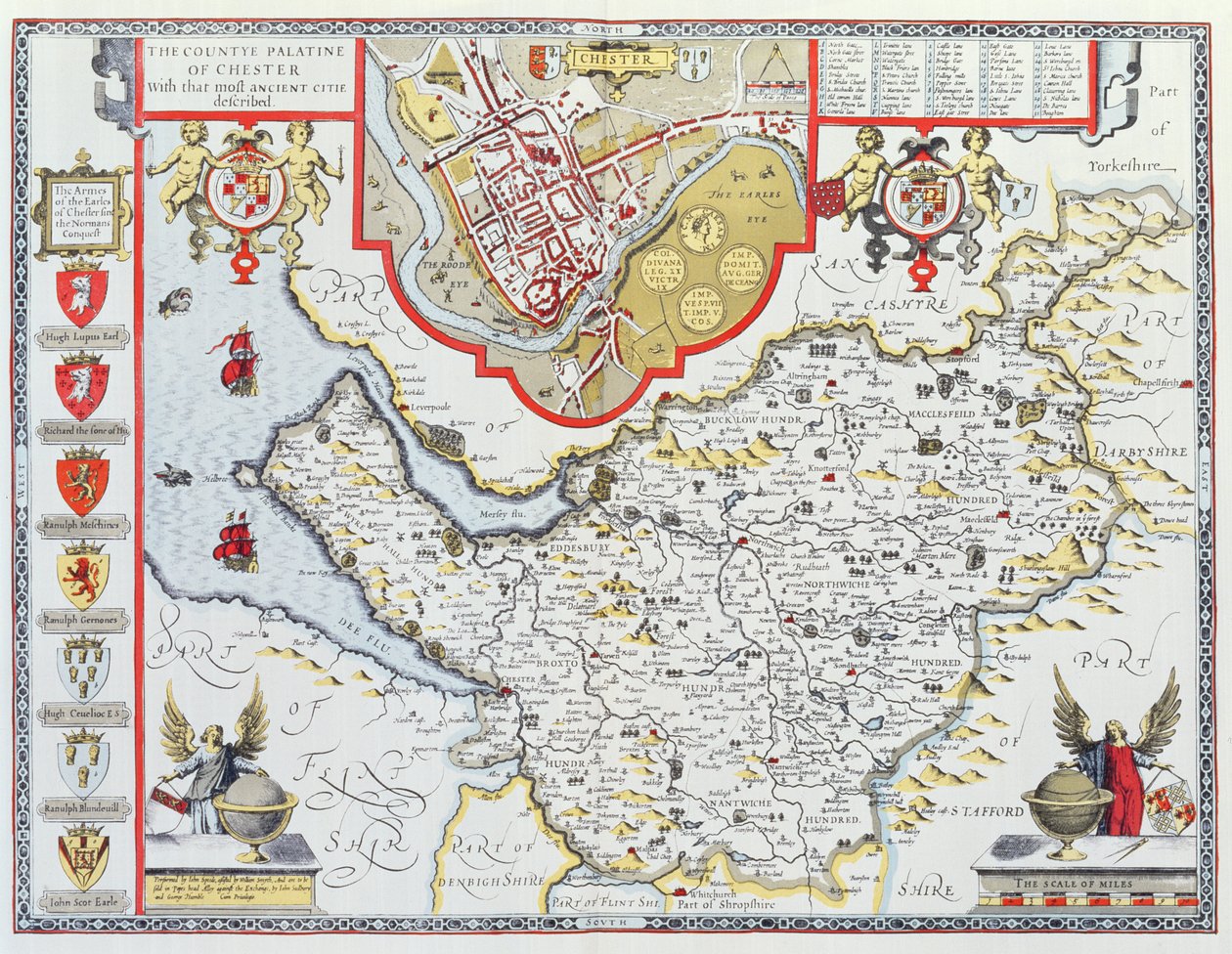 Het graafschap Palatine van Chester, gegraveerd door Jodocus Hondius (1563-1612) uit John Speed