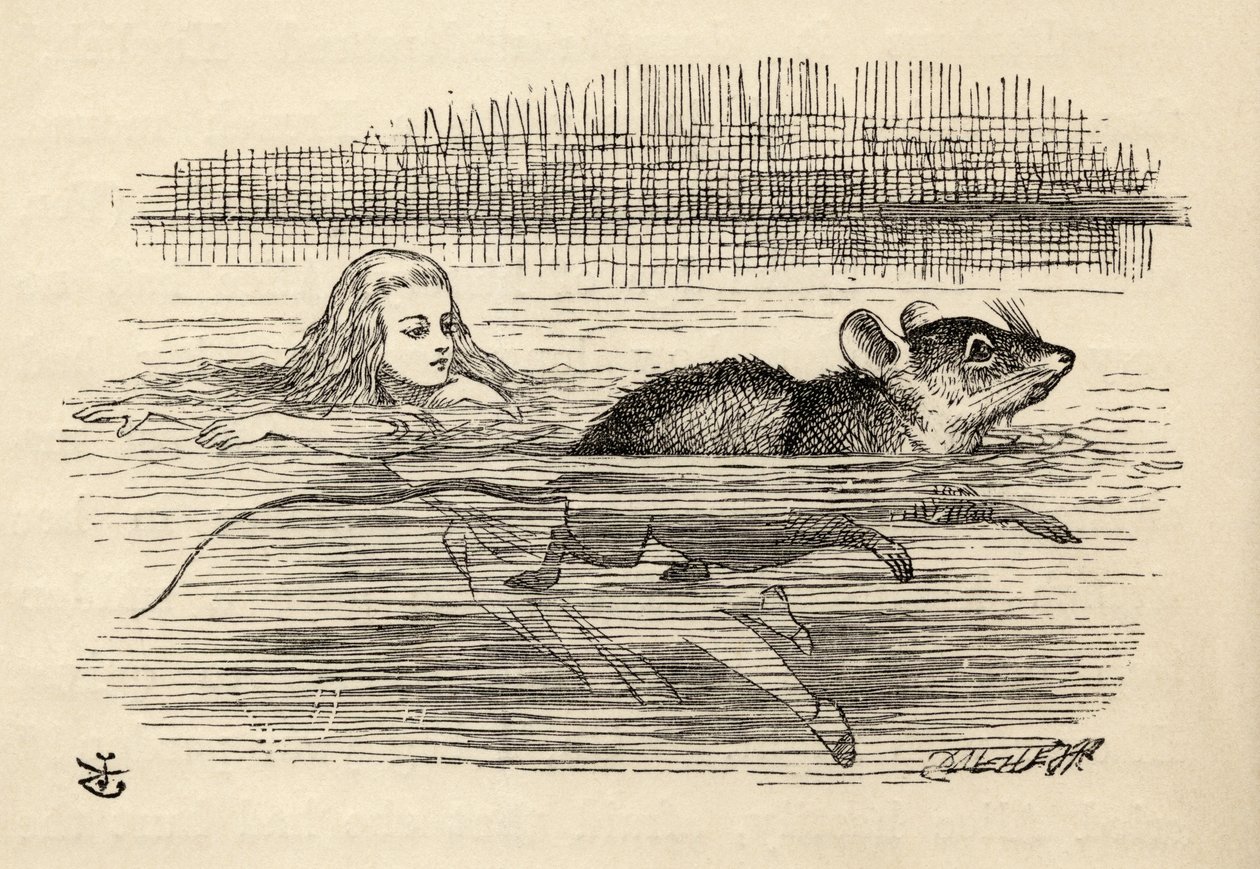 Alice zwemt met een muis in de tranenvijver, uit 