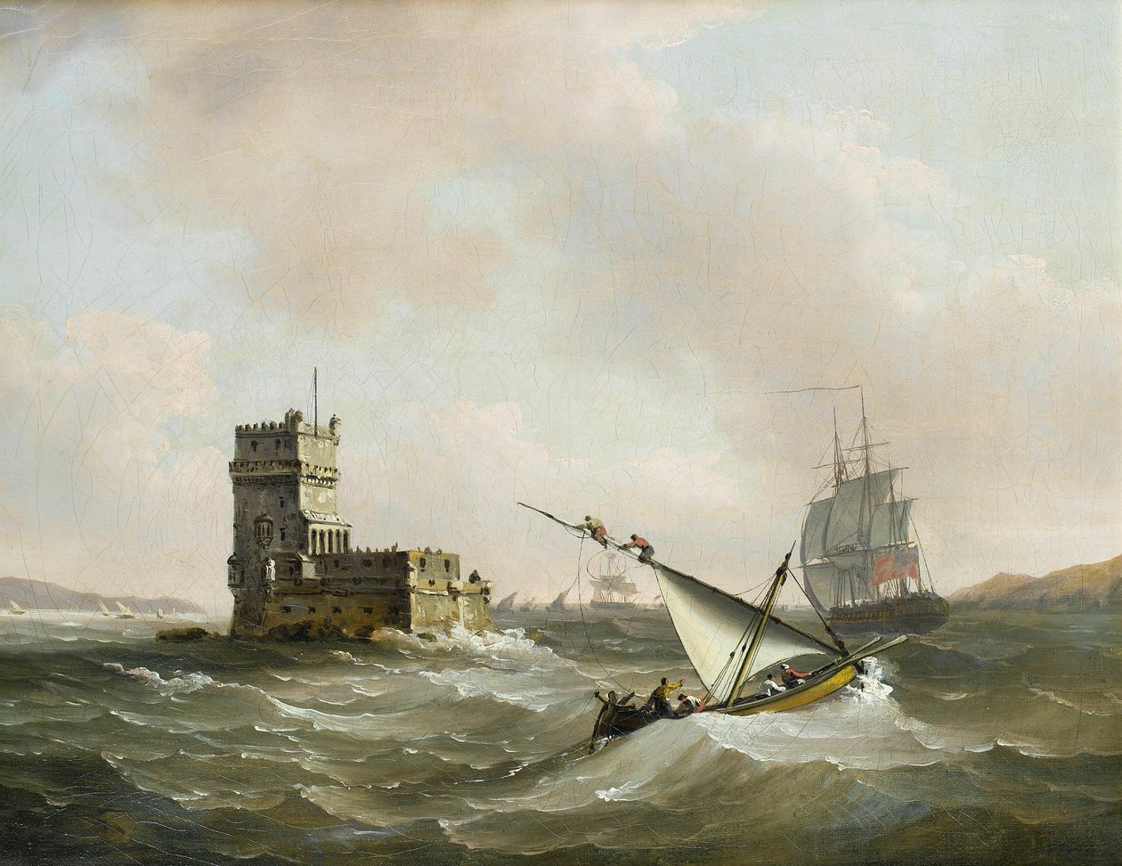 Een Engelse fregat in woelige wateren in de Taag langs de Belem Toren door John Thomas Serres