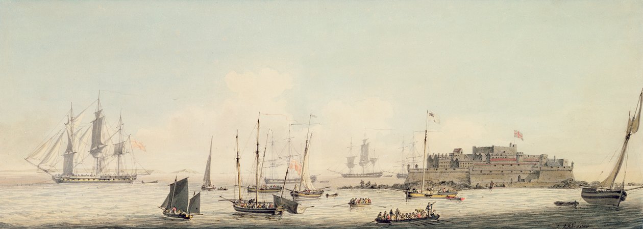 Uitzicht op Castle Cornet, Guernsey, met schepen, c.1800 door John Thomas Serres