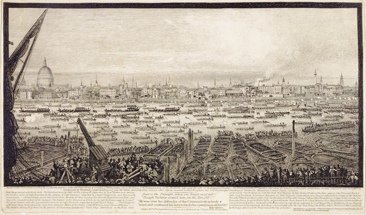 De Overblijfselen van Lord Nelson vervoerd over de Theems van Greenwich naar Whitehall, 8 januari 1806 door John Thomas Smith