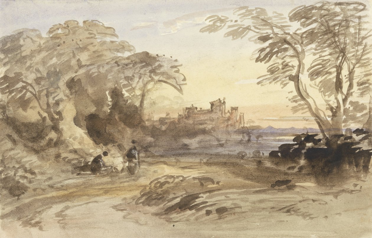Landschap met figuren en een kasteel in de verte door John Varley