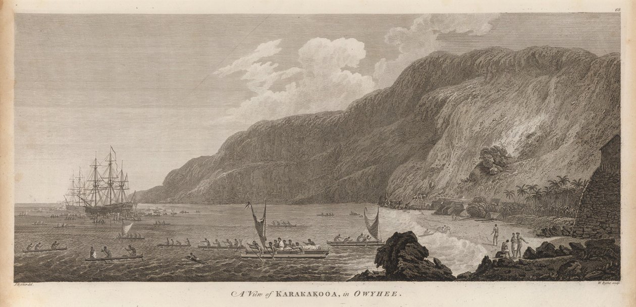 Een uitzicht op Karakokooa, in Owyhee door John Webber