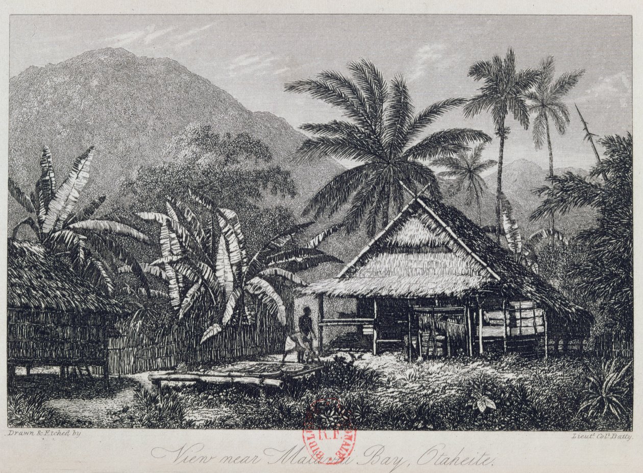 Uitzicht nabij Matavai Bay, Otaheite, gegraveerd door Luitenant-Kolonel Batty, uit een verslag van de reis van HMS Bounty door John Barrow door John Webber