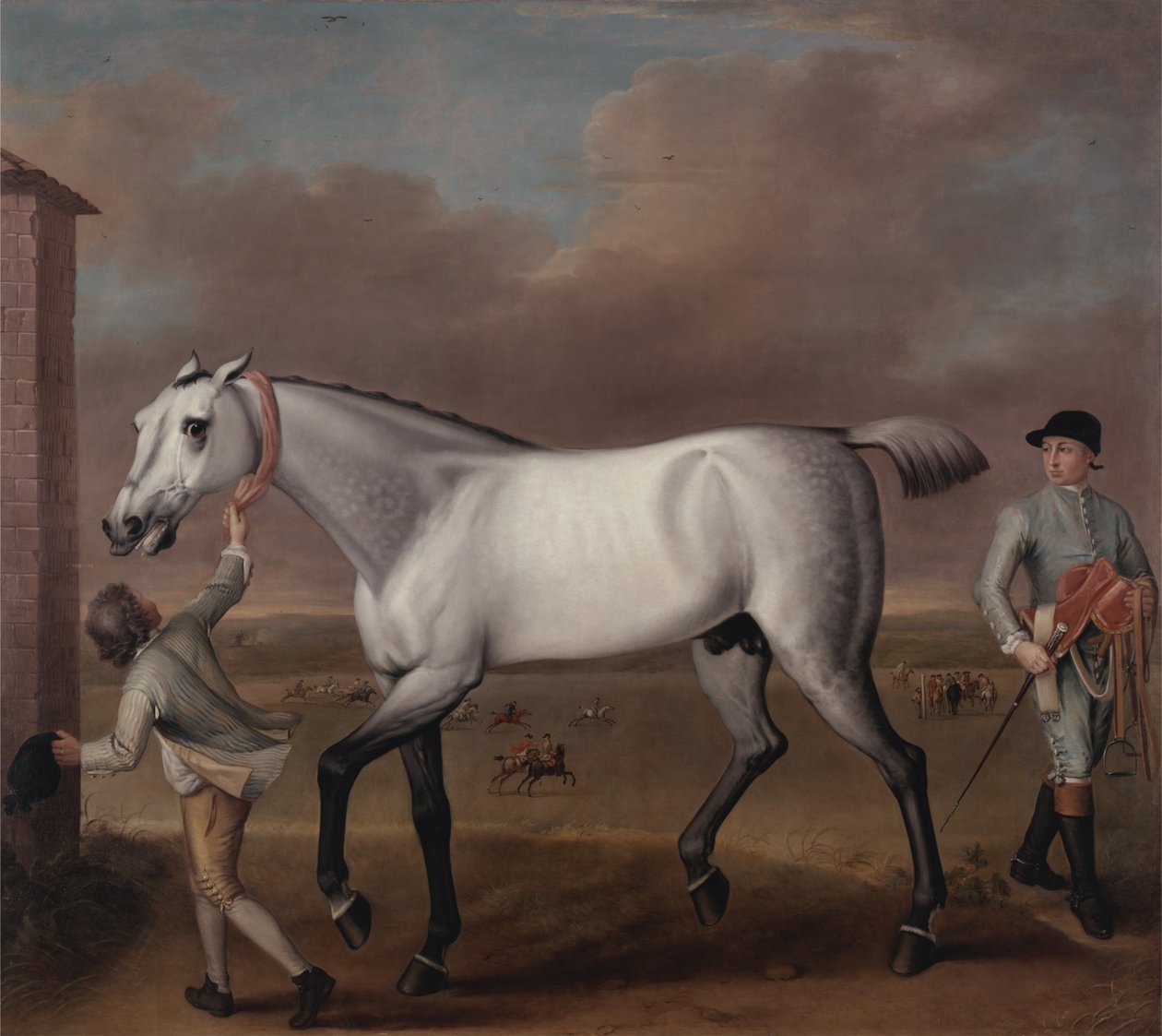De Grijze Renpaard van de Hertog van Hamilton, Victorious, in Newmarket door John Wootton