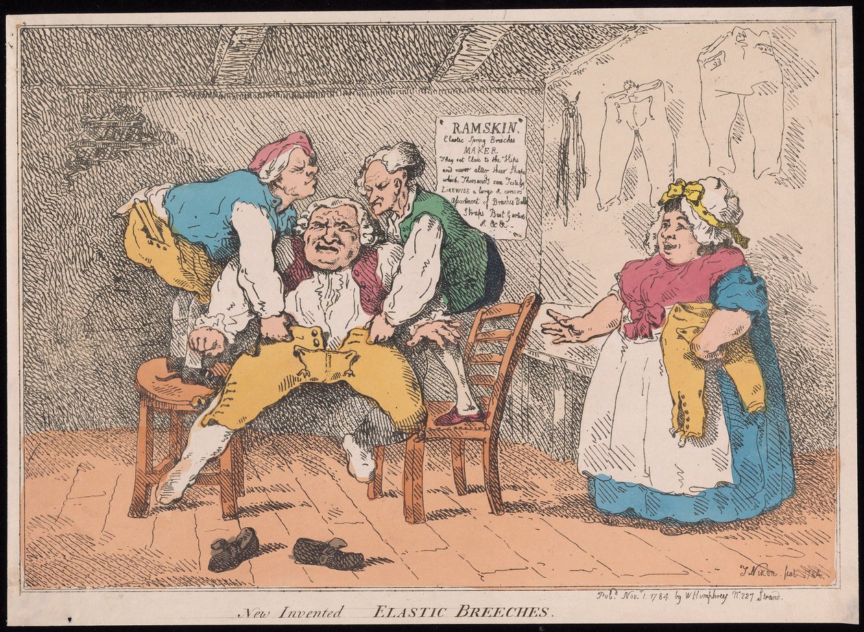 Nieuw uitgevonden - Elastische Broeken, uitgegeven 1784 (handgekleurde gravure) door John after Nixon