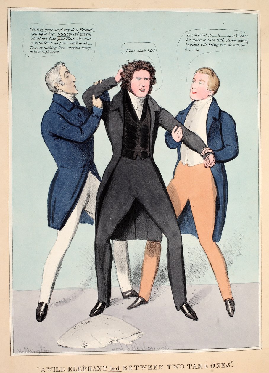 "Een Wilde Olifant Geleid Tussen Twee Tamme", uitgegeven 1830 door John  Doyle