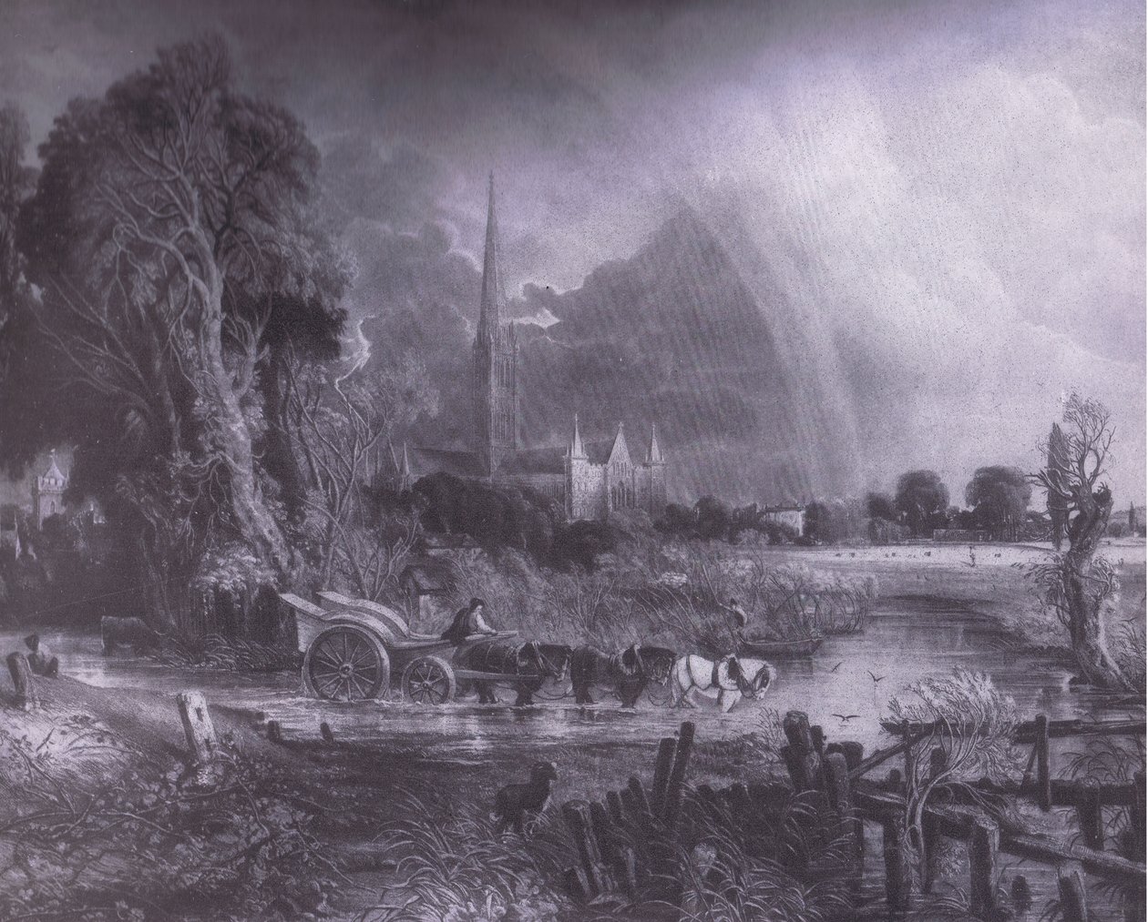 Kathedraal van Salisbury vanuit de weiden, Bibbys Jaarboek door John (after) Constable