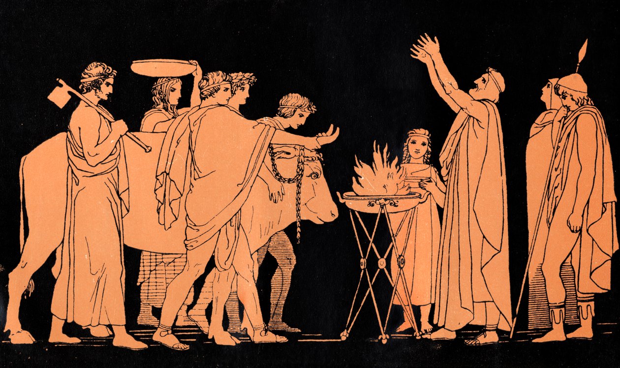 Nestor, koning van Pylos en voormalig strijder in de Trojaanse oorlog, offert stieren aan Poseidon, scène uit 