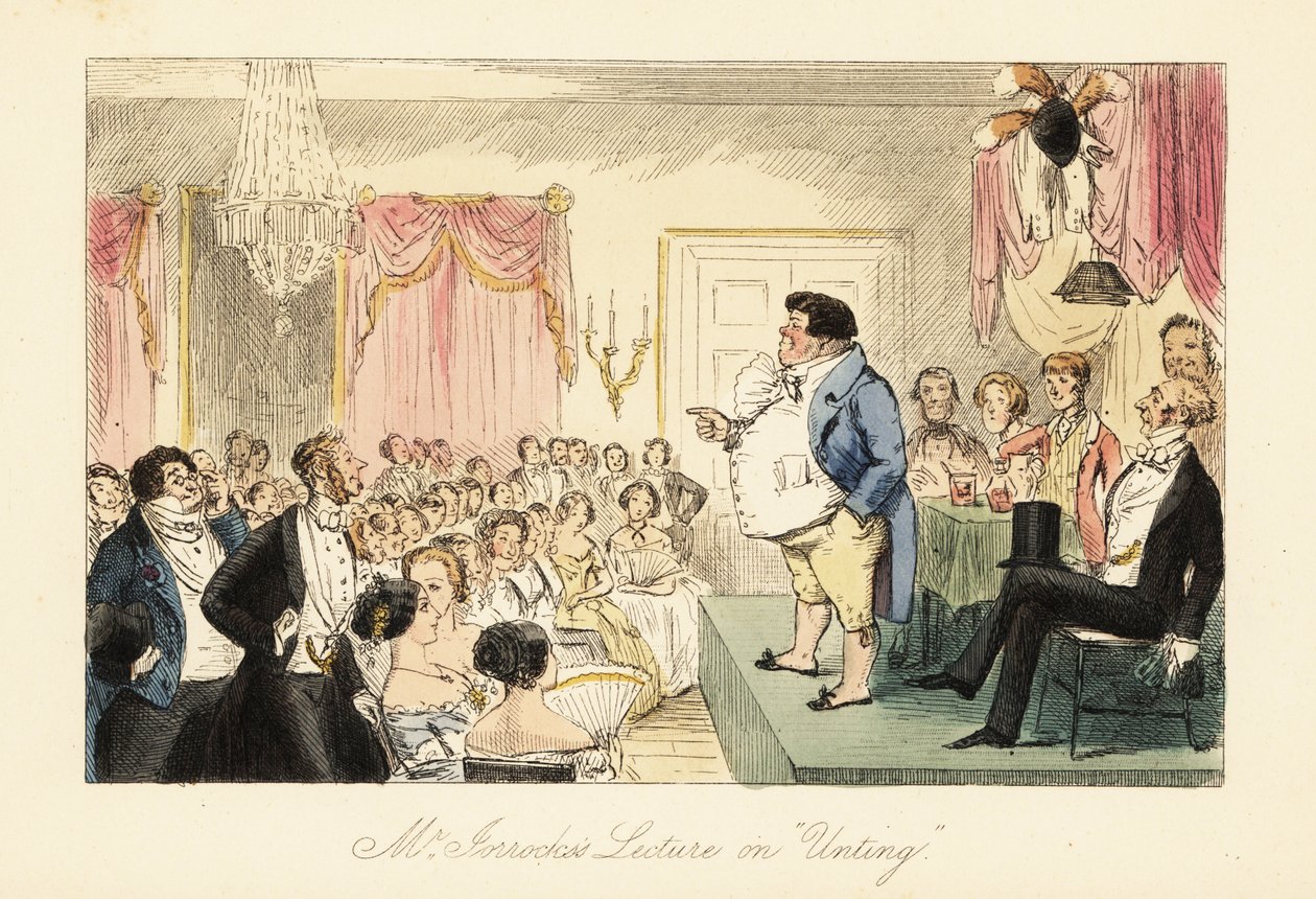 Engelse kruidenier geeft een lezing over jagen in een grote kamer in de Dragon taverne door John (after) Leech
