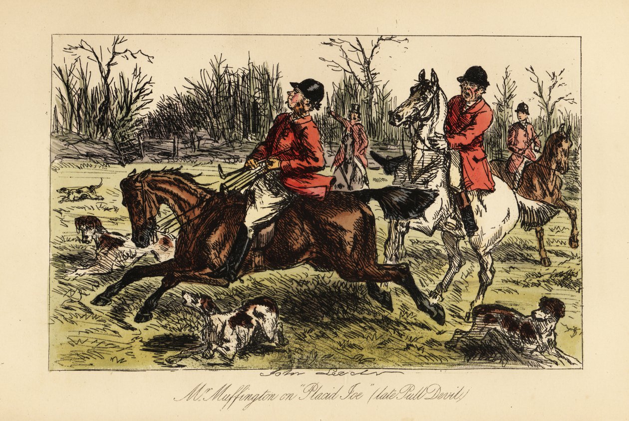 Engelse jager gesleept in het midden van de honden door zijn koppige paard door John (after) Leech
