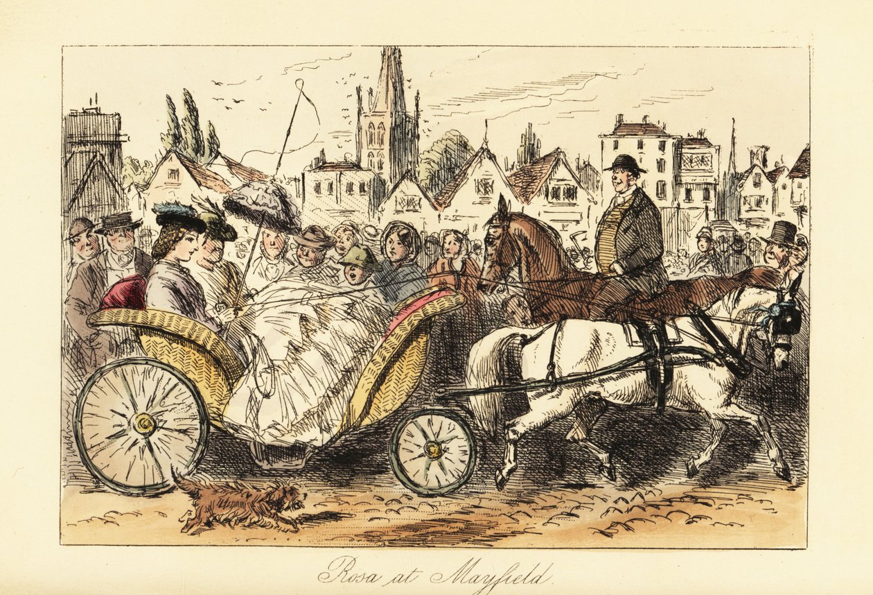 Engelse dame in crinolinen jurk met parasol rijdt met een ponykar door de drukke straten van een klein stadje door John (after) Leech