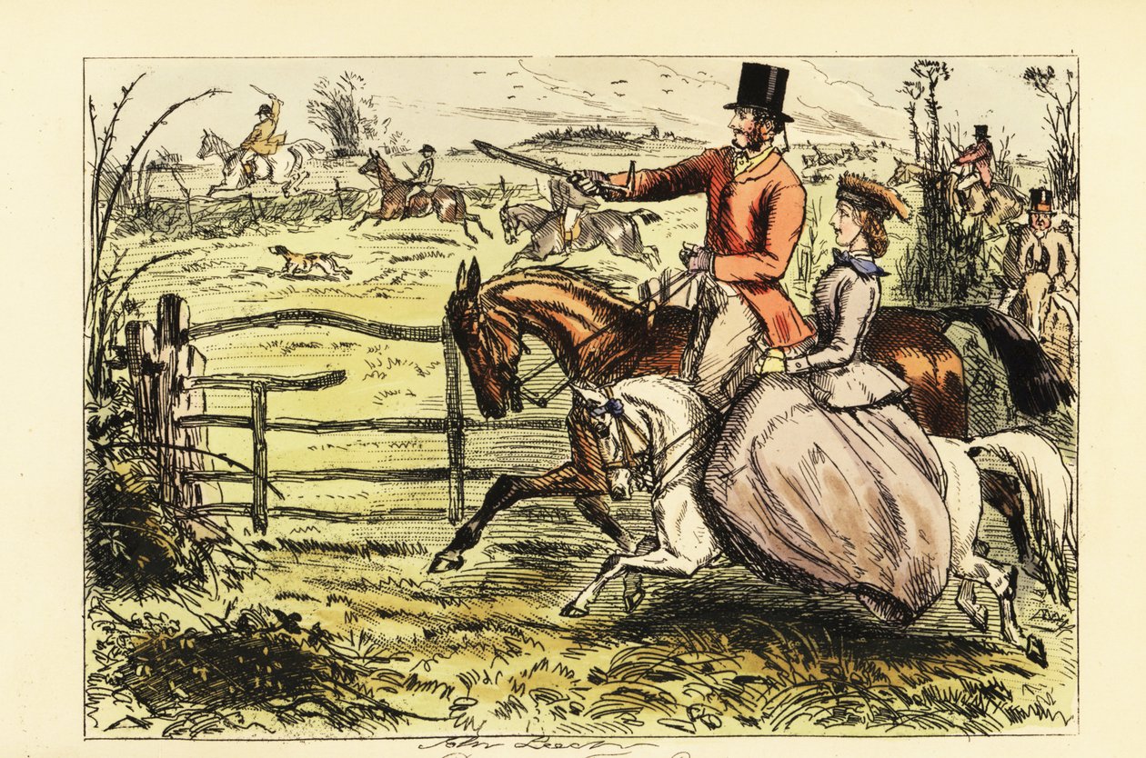 Engelse dame rijdt zijwaarts in een vossenjacht door John (after) Leech