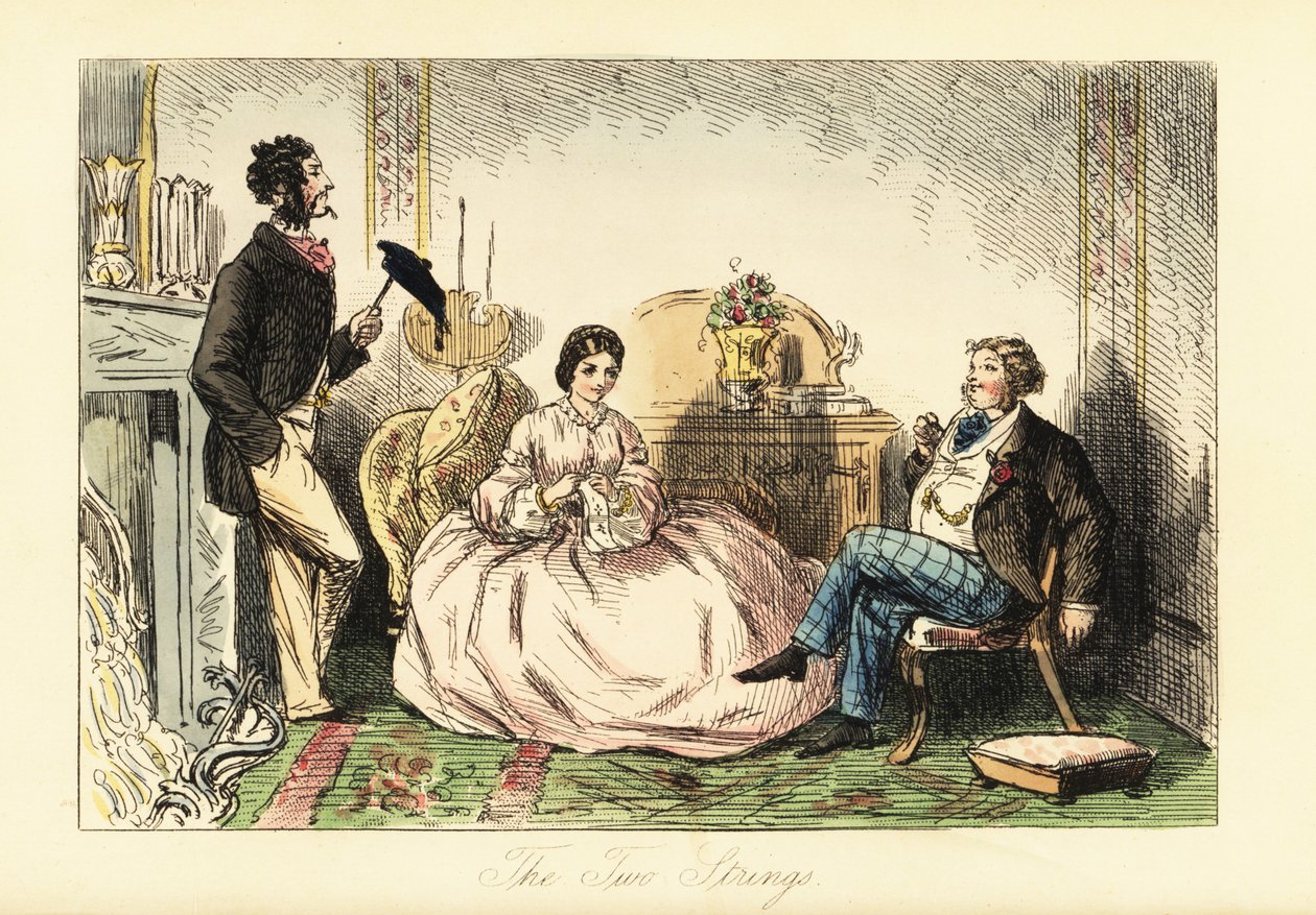 Dame in crinolinen jurk met twee herenbezoekers in een salon door John (after) Leech