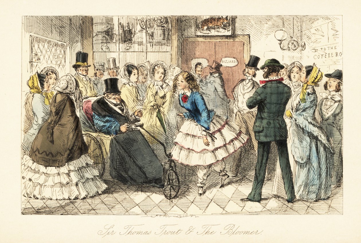 Oude heer met jicht in een invalidenstoel praat met een jonge vrouw in bloomers door John (after) Leech