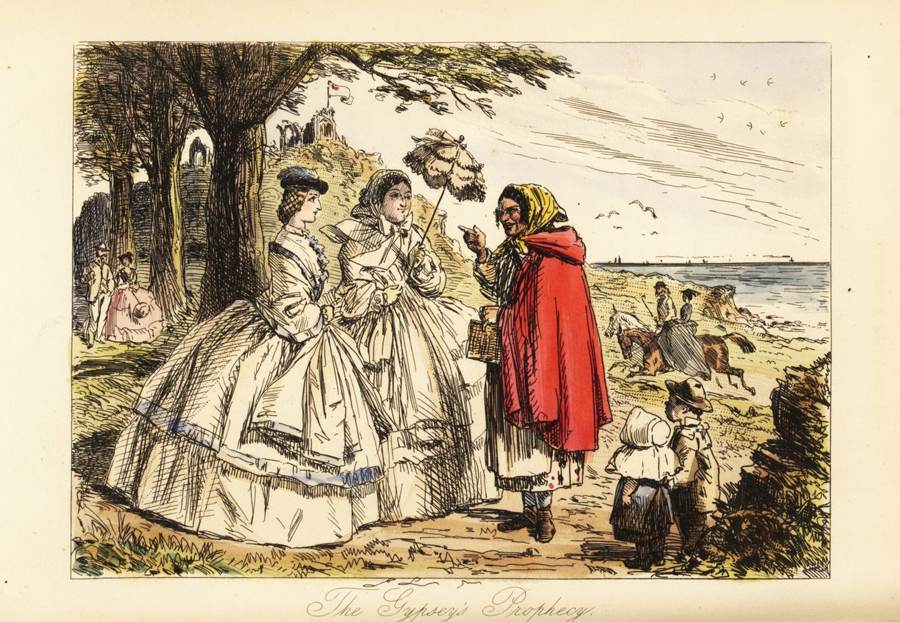 Rosa McDermott en haar moeder horen een voorspelling van een Romani waarzegster tijdens een wandeling door John (after) Leech