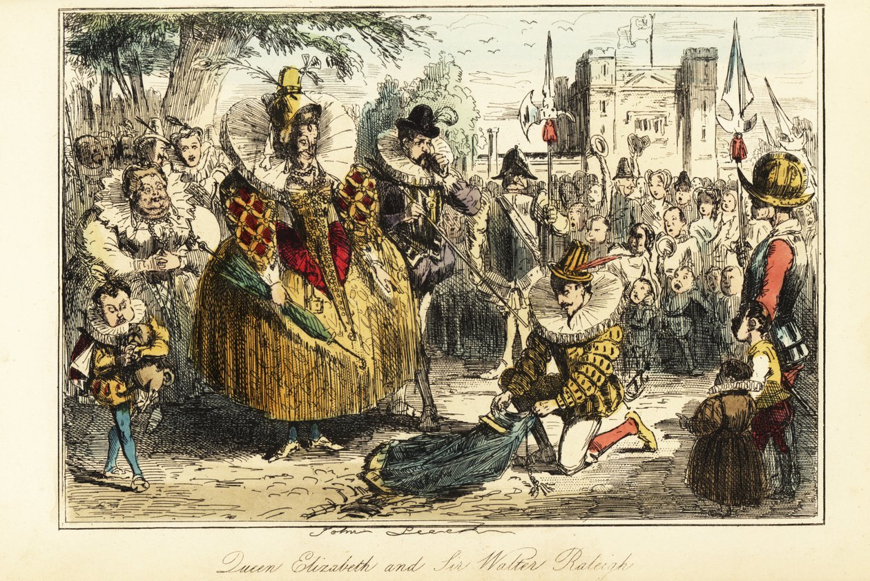 Sir Walter Raleigh legt zijn mantel over een plas voor koningin Elizabeth I in Greenwich door John (after) Leech