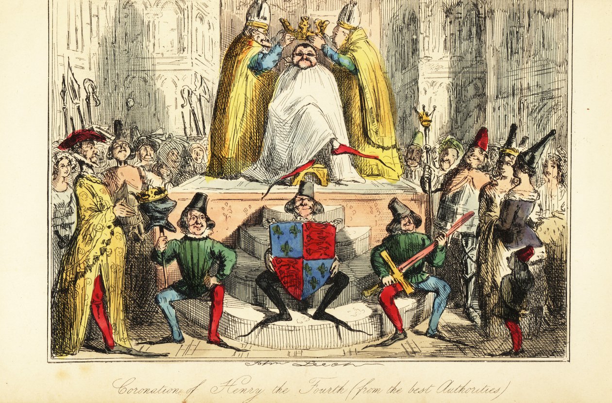 De kroning van koning Hendrik IV van Engeland met een enorme kroon door John (after) Leech