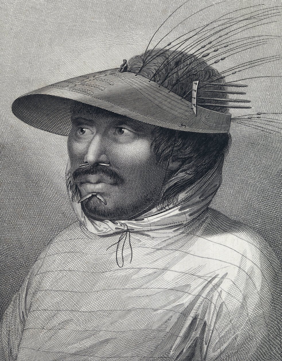 Portret van een man uit Oonalashka (of Unalaska, Alaska, Verenigde Staten). Gravure uit de late 18e eeuw, door William Sharp (?), naar John Webber (1751-1793). door John (after) Webber