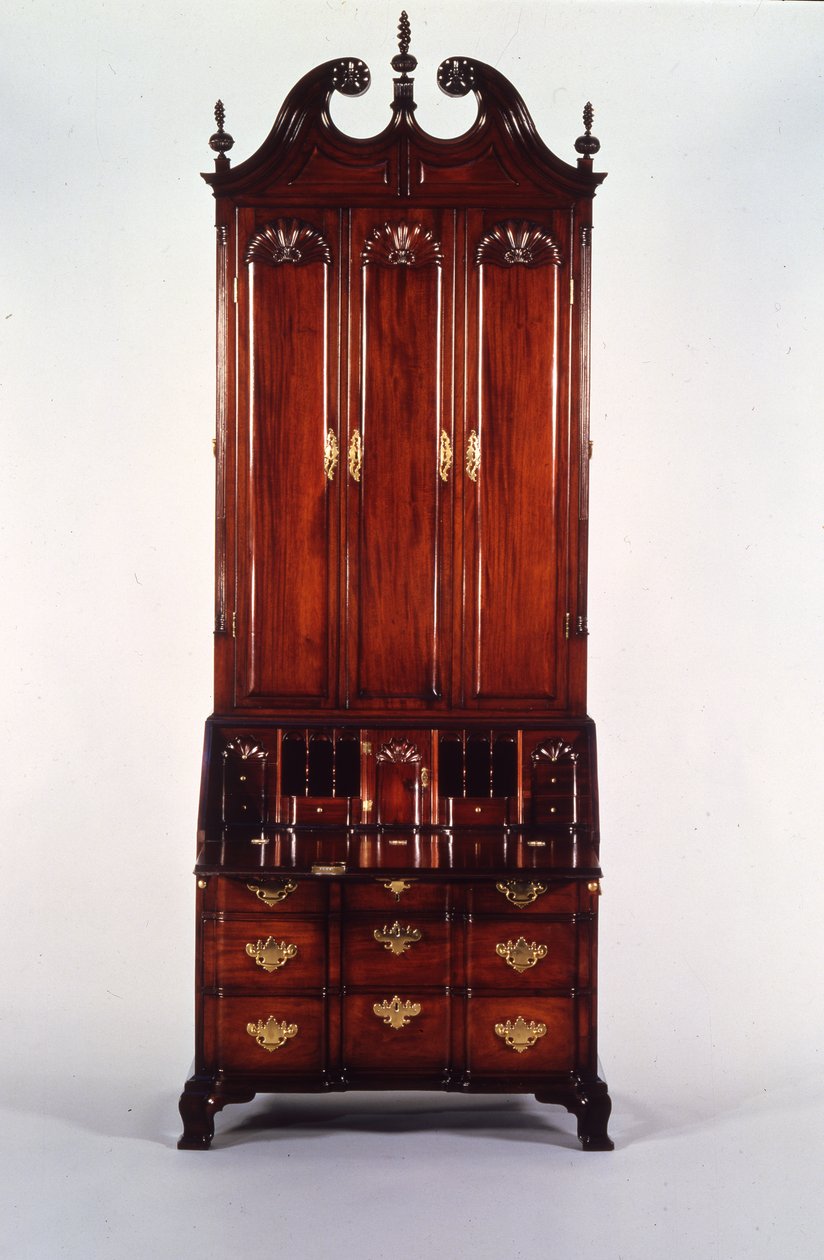 De Nicholas Brown Chippendale blok-en-schelp bureau en boekenkast, c.1760-70 (mahonie) door John (attr. to) Goddard