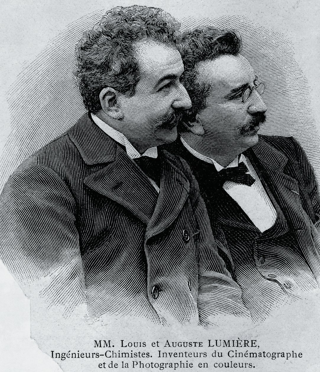 Portret van Auguste Marie Louis Nicolas Lumiere (1862-1954) en Louis Jean Lumiere (1864-1948), Franse ondernemers en uitvinders van de filmprojector, gravure naar foto door Walter Charles Mills