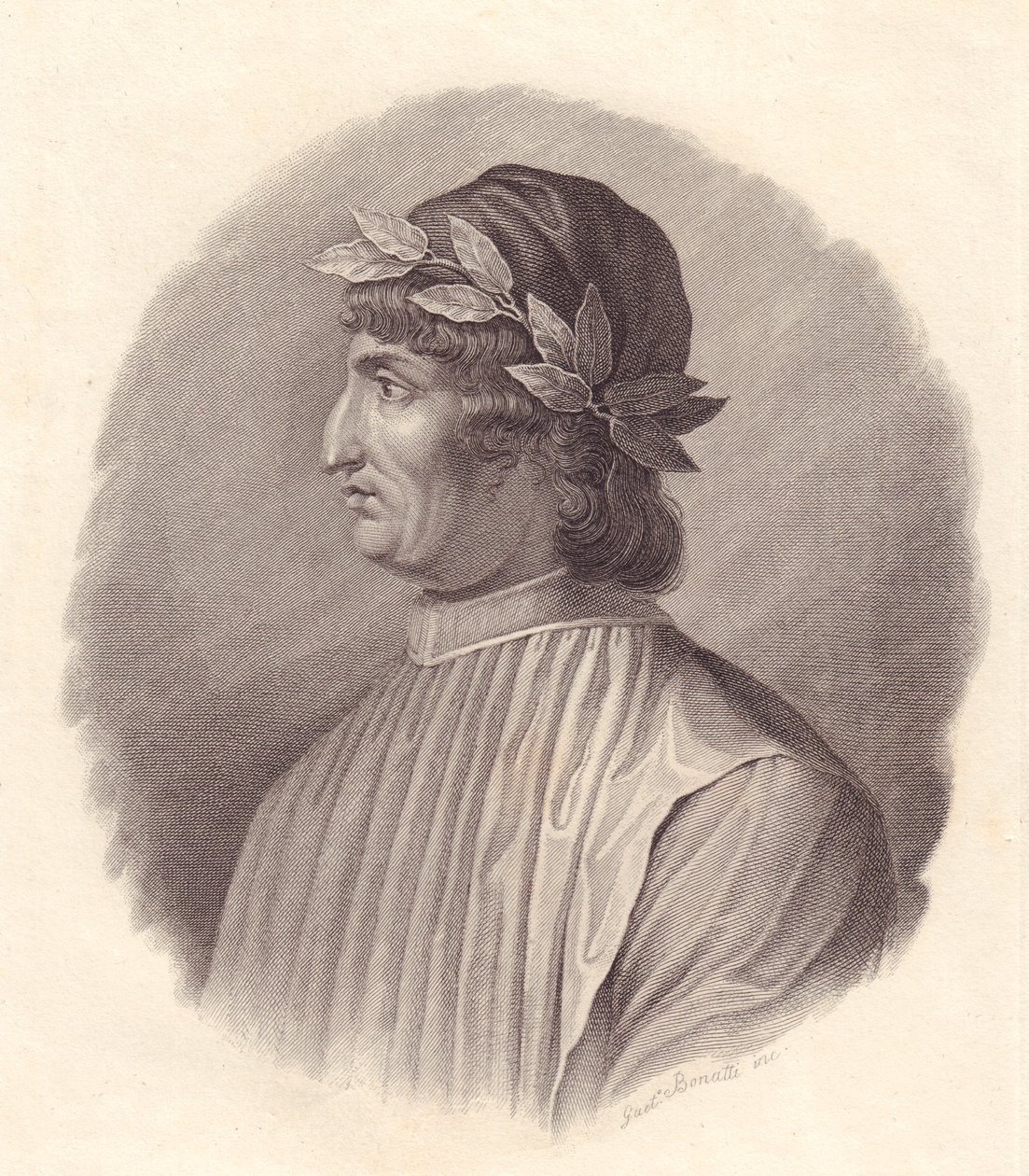 Portret van Italiaanse dichter en humanist Angelo Ambrogini ook bekend als Poliziano (1454-1494), kopergravure door G Bonatti door Walter Charles Mills