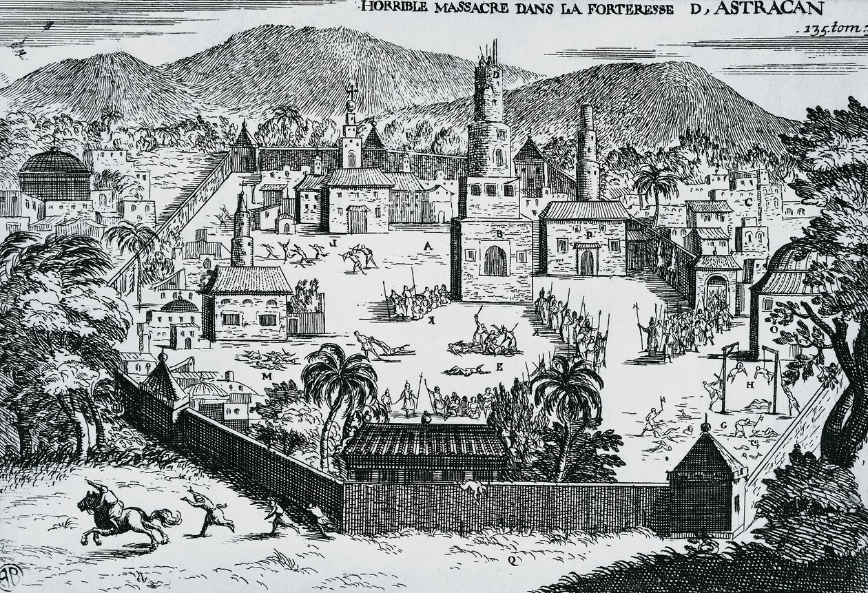 De Kozakken onder leiding van Stepan Razin vallen de vesting Astrakhan aan in 1670, Rusland door Walter Charles Mills