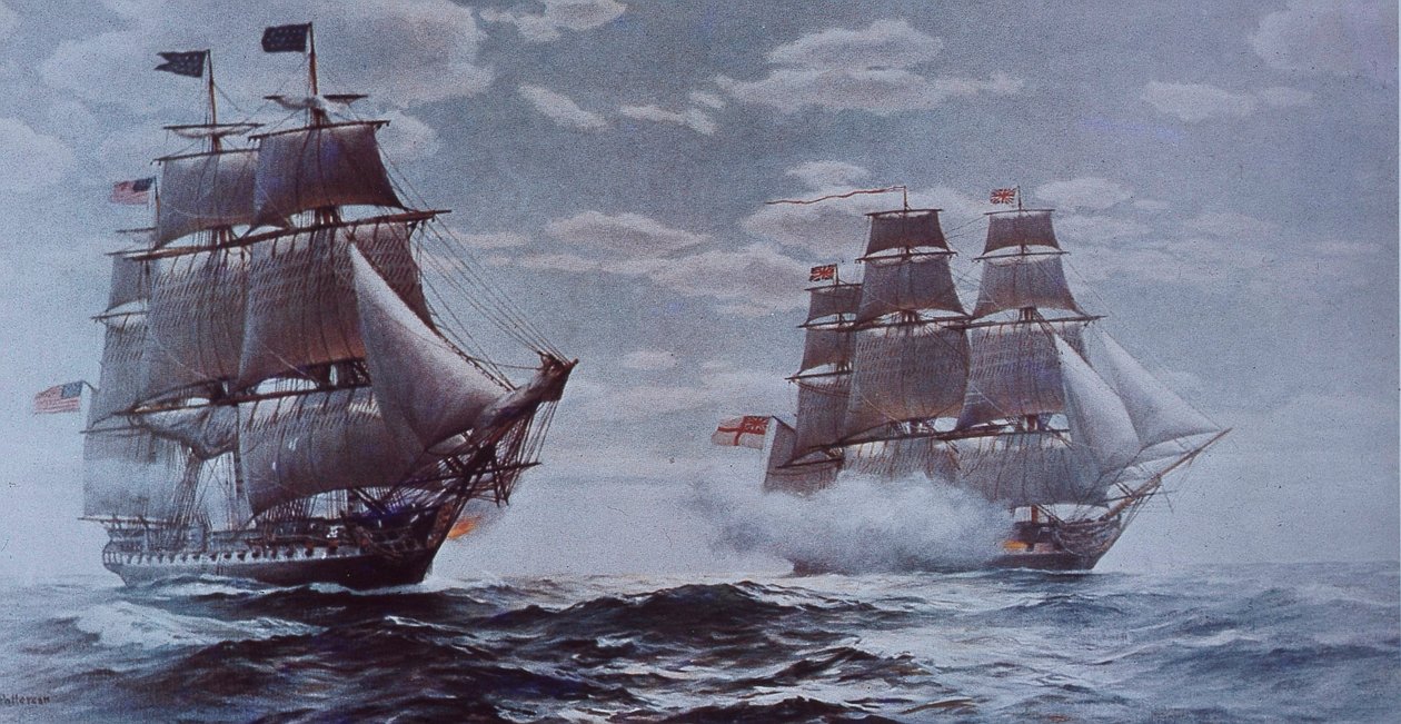 USS Constitution en HMS Java door Walter Charles Mills