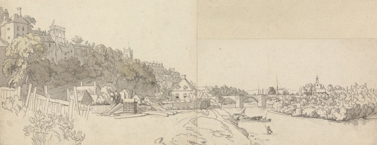 Een stad gezien vanaf de oever van een rivier door John Alexander Gresse