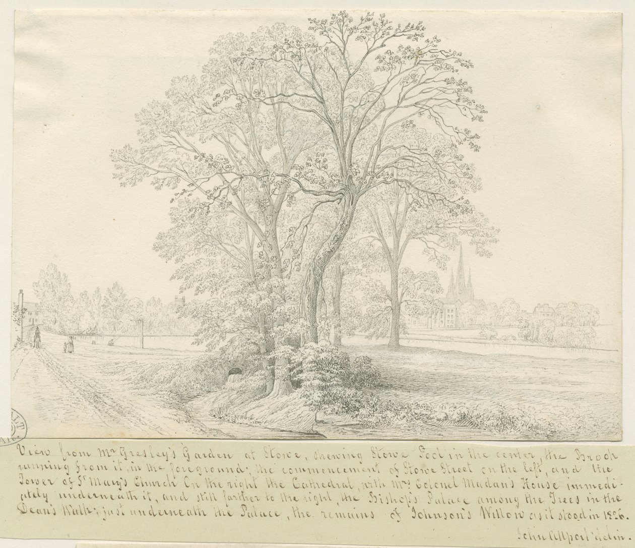 Lichfield - Uitzicht over Stowe Pool: pentekening, nd [1826] door John Allport
