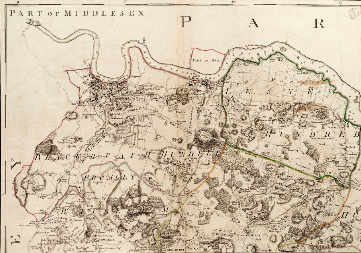 Kaart van Greenwich naar Erith, Londen door John Andrews