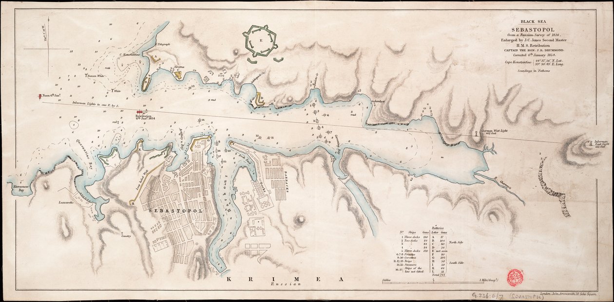 Zwarte Zee Sebastopol van een Russische enquête uit 1836 door John Arrowsmith