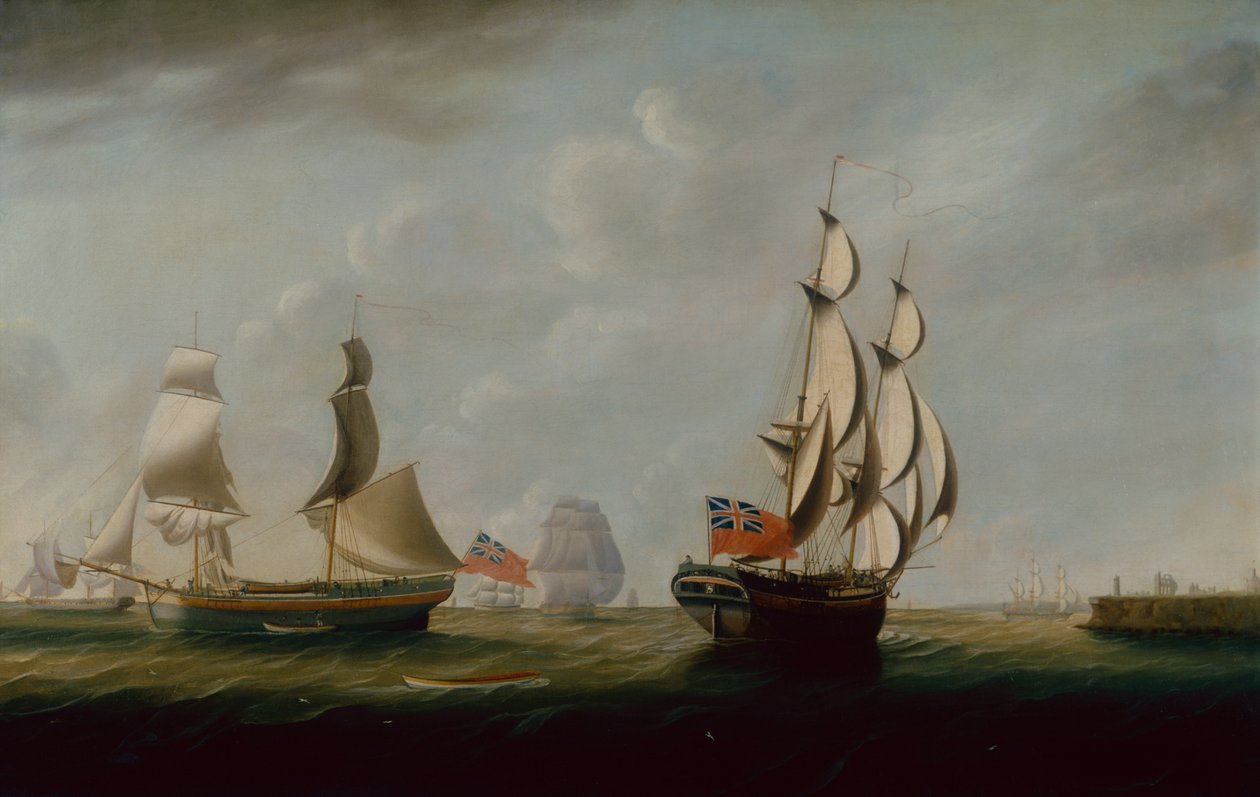 Twee Engelse Collier Brigs bij Whitby met andere Schepen op de Achtergrond door John Askew