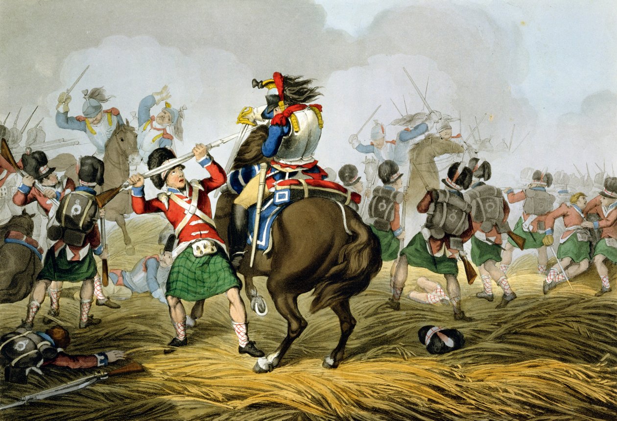 Franse Cuirassiers bij de Slag van Waterloo, aangevallen en verslagen door de Highlanders en Scots Greys, gegraveerd door Matthew Dubourg uit 