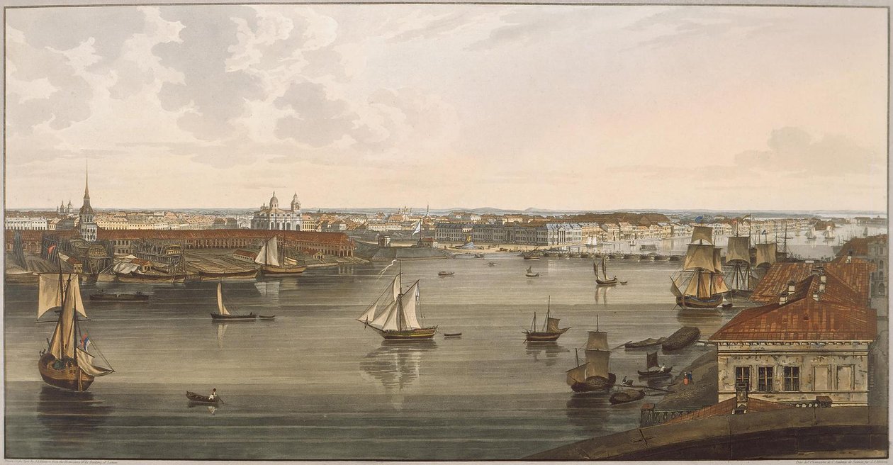 Uitzicht op de Admiraliteit, oude St. Isaacs-kathedraal, Engelse kade en Academie van Wetenschappen vanaf Vas door John Augustus Atkinson