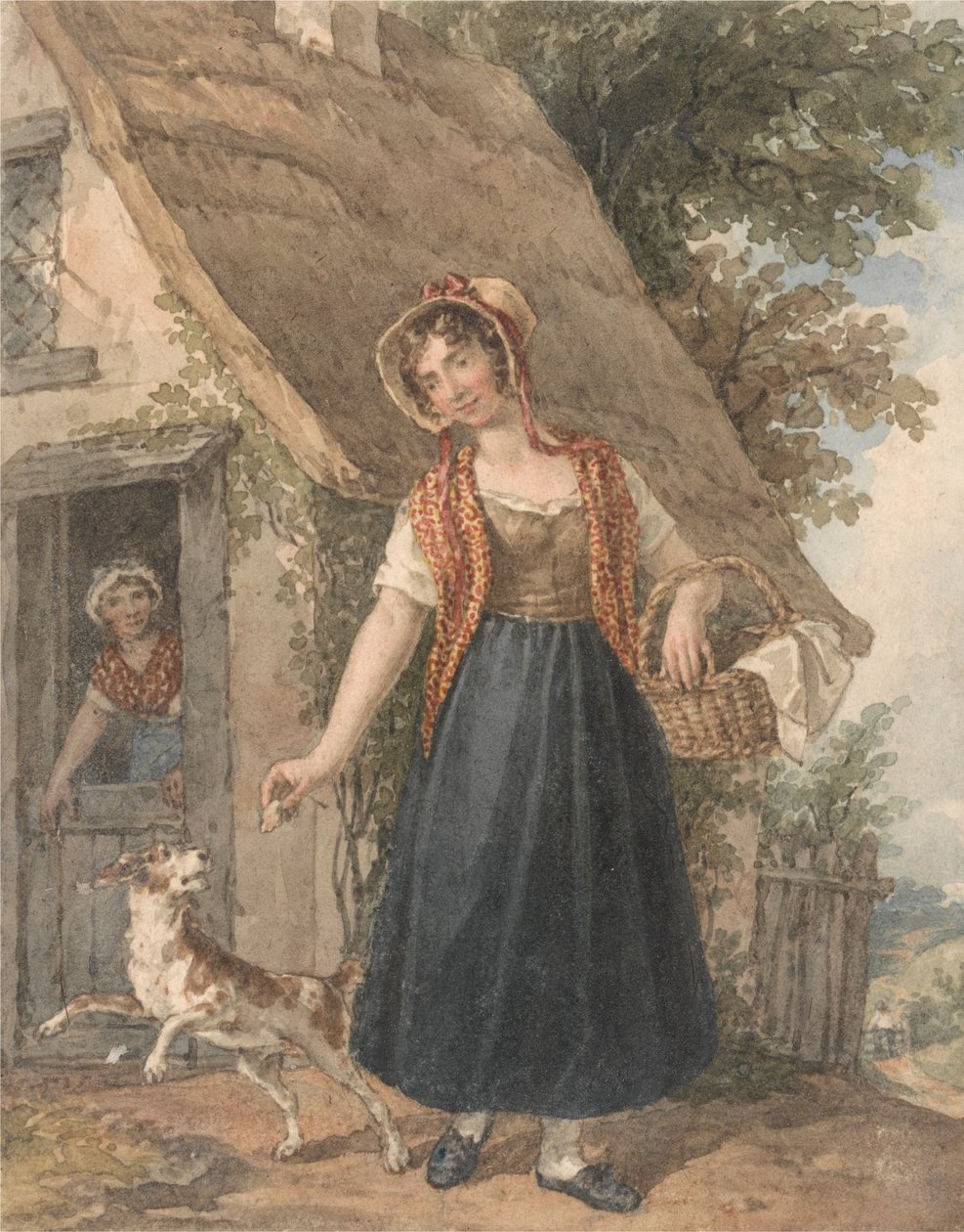 Jonge Vrouw met Hond Buiten een Huisdeur door John Augustus Atkinson