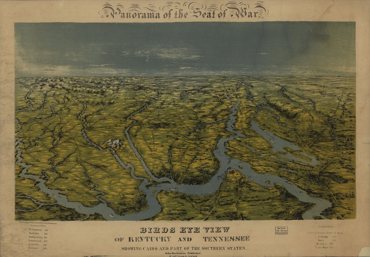 Vogelvlucht van Kentucky en Tennessee met Cairo en een deel van de zuidelijke staten. LOC 99447069 door John Bachmann