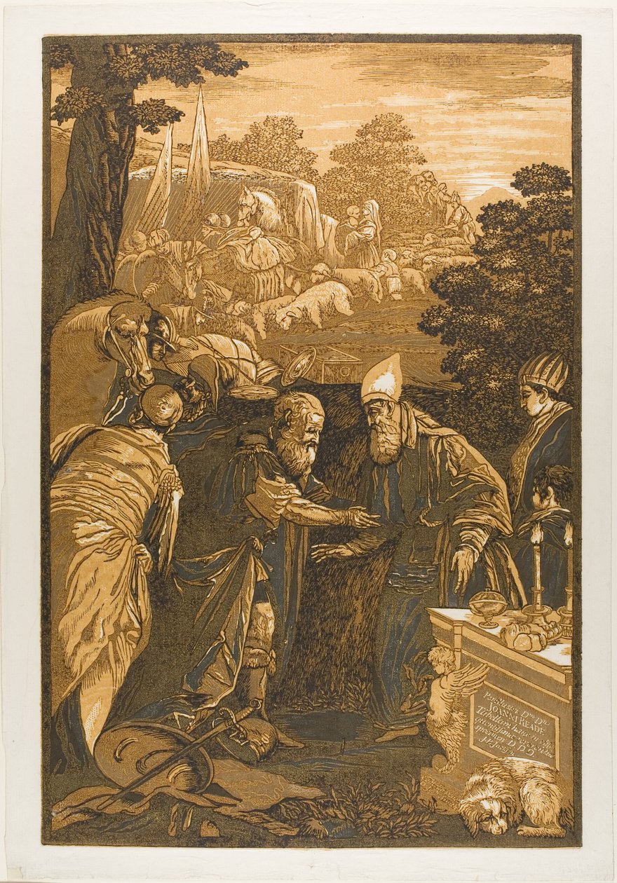 Melchisedech zegent Abraham, uit Opera Selectoria door John Baptist Jackson
