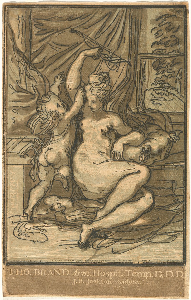 Venus en Cupido met een Boog door John Baptist Jackson, after Parmigianino