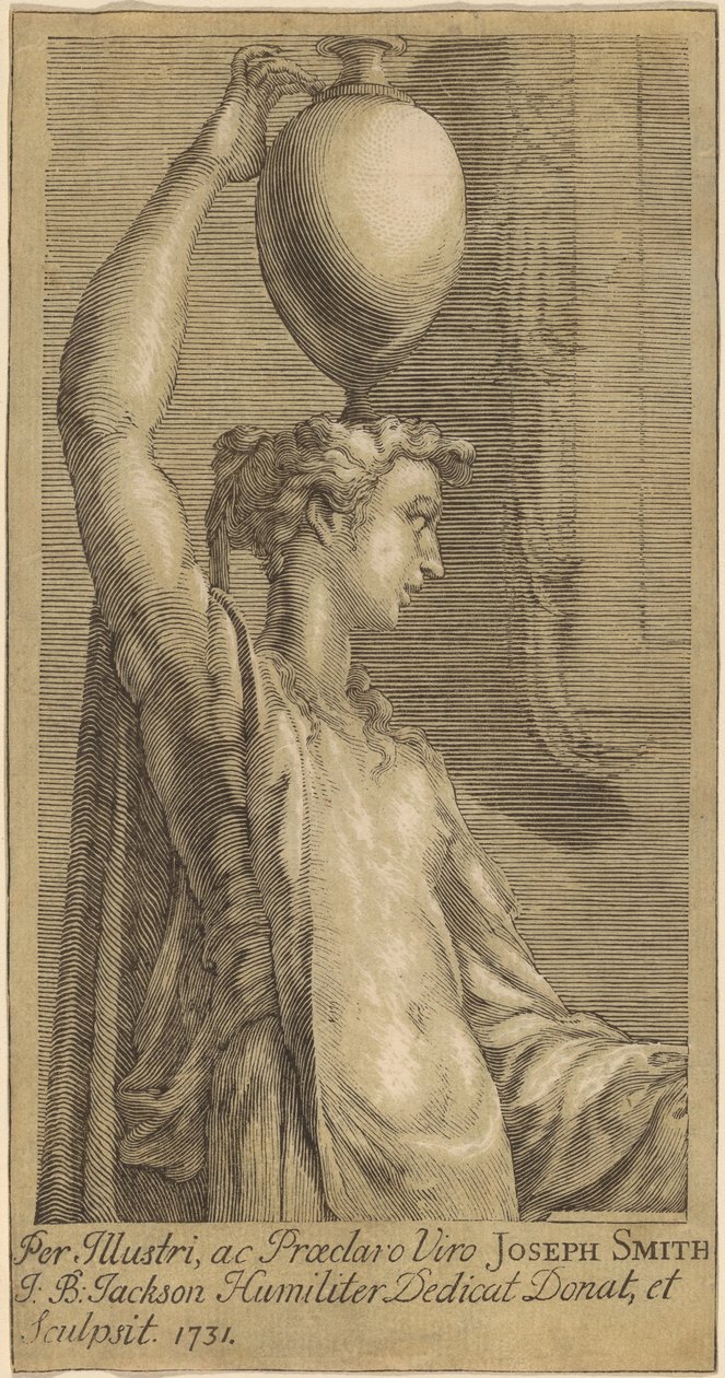 Vrouw die een kruik op het hoofd draagt door John Baptist Jackson, after Parmigianino