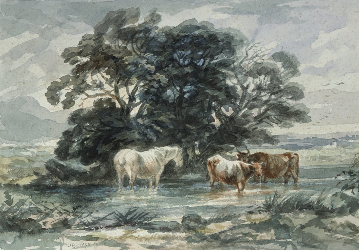 Landschap, twee koeien en een paard in het water, (schets) door John Barker