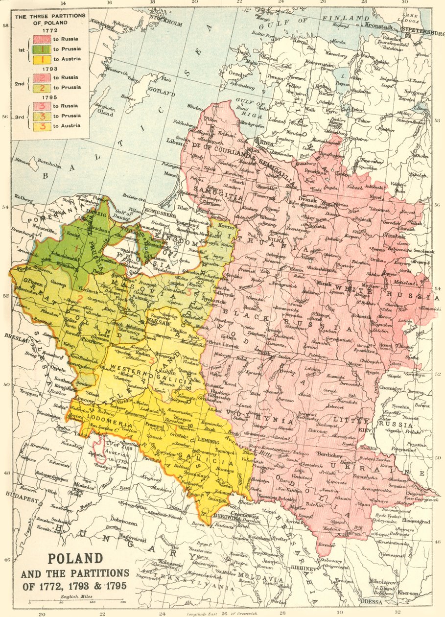 Polen en de delingen van 1772, 1793 & 1795 door John Bartholomew and Son