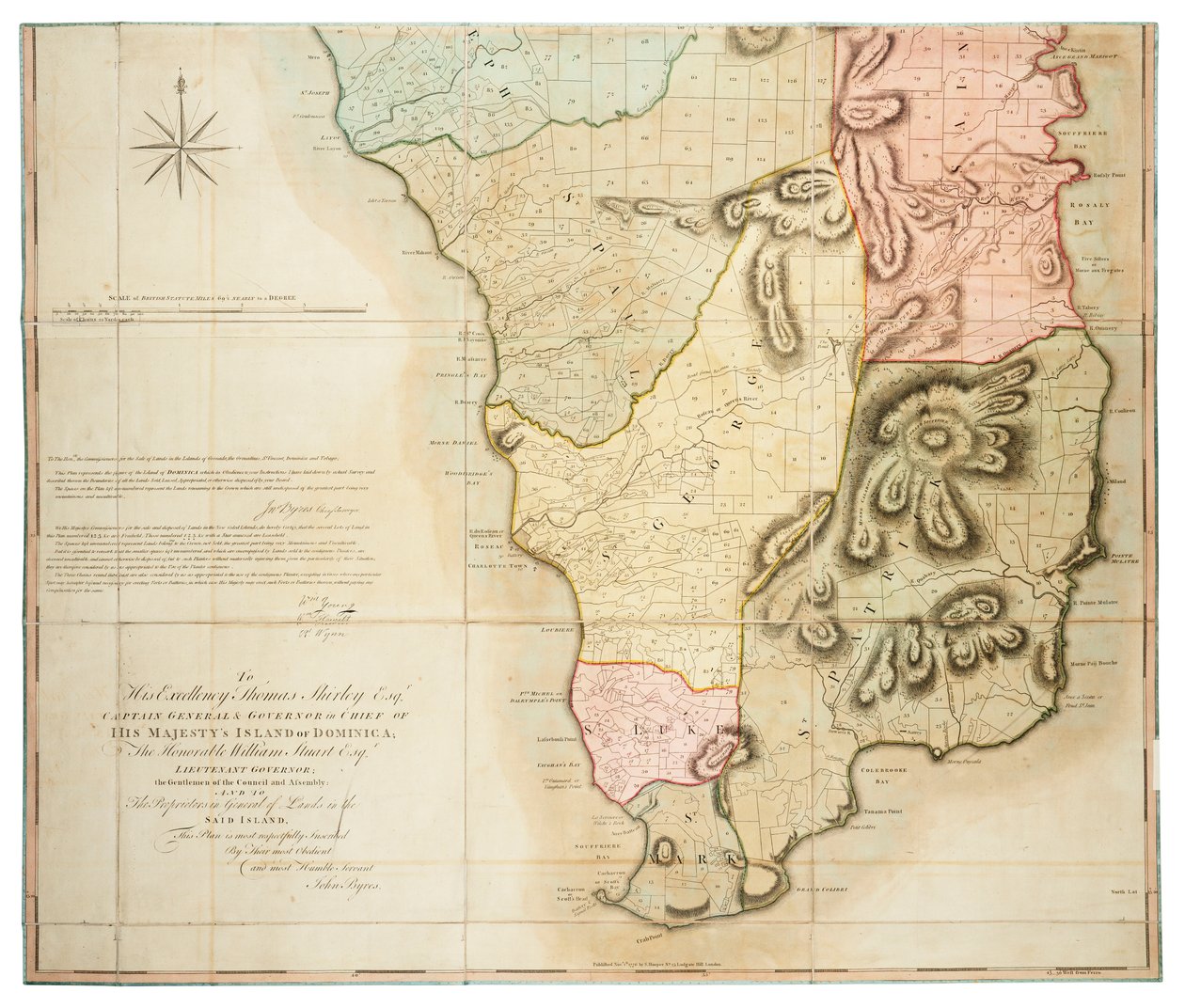 Plan van het eiland Dominica opgesteld door een daadwerkelijke enquête onder leiding van de Eerwaarde de Commissarissen voor de verkoop van land in de afgestane eilanden door John Byres Hoofdlandmeter 1776. door John Bayly