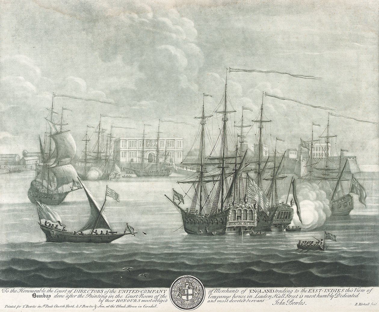 Uitzicht op Bombay (India), opgedragen aan de directeur van de Britse Oost-Indische Compagnie door John Bowles