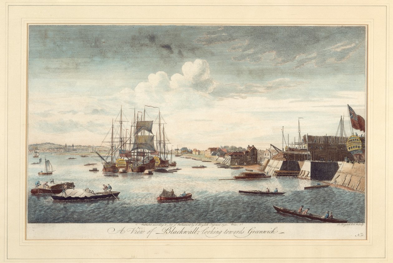 Een uitzicht op Blackwall richting Greenwich door John Boydell