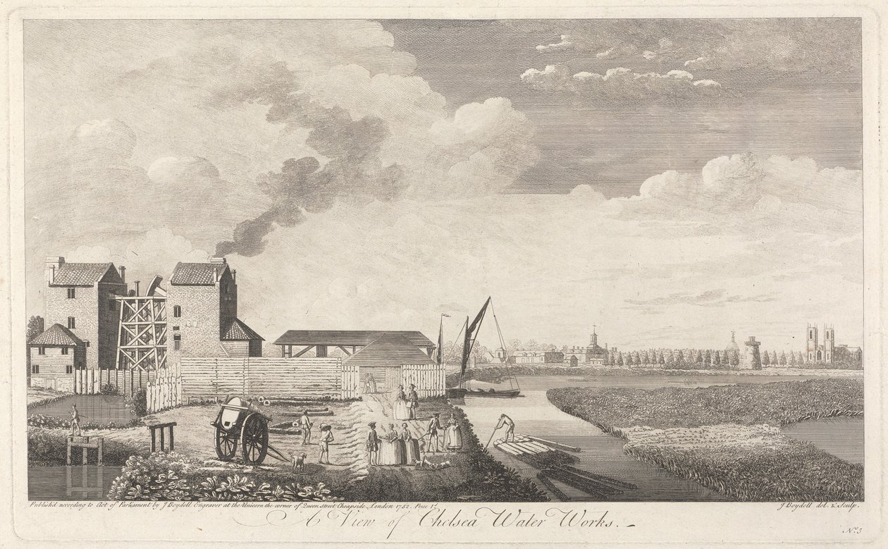 Gezicht op de waterwerken van Chelsea door John Boydell